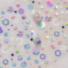 1pc Cartoon Galaxy Nail Stickers - Shiny Planets, Stars, And Hearts Design For Women And, DIY Nail Decals With Glittery Embossed Finish, Self-Adhesive Plastic, Nail Art Supplies | Cartoon Themed Nails | Embossed Finish Nails - 彩色 - 查看 2