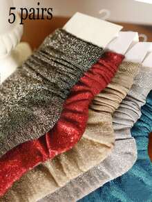5 Pairs Mixed Color Metallic Shiny Crinkle Socks, Metallic Luster Mid-Calf Socks - Multicolor - View 6