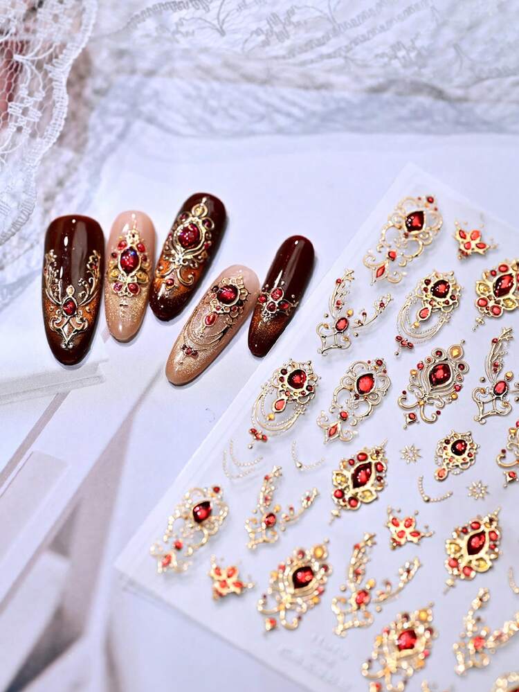 1 miếng dán móng tay mạ vàng kiểu Baroque cổ điển, thiết kế đá quý giả sang trọng, phụ kiện tự làm móng cho phụ nữ và bé gái, phù hợp cho người mới bắt đầu làm móng. - Nhiều màu - Xem 7