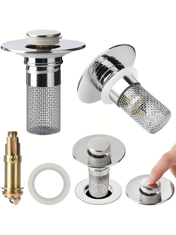 [Stainless Steel Sink Stopper] 2pcs Stainless Steel Bathroom Sink Stopper With Hair Catcher & Drain Filter Stainless Steel, Fits 1.1-1.29 Inch Drains, Easy-Clean Detachable Basket, Prevents Clogs & Jewelry Loss