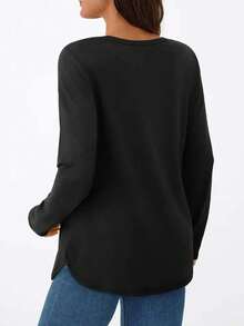 Spring/Autumn New Solid Color Round Neck Long Sleeve, Loose Casual Women's Top Tee, Comfortable & Fashionable, Machine Washable - Suitable For Spring/Autumn Daily And Home Wear Black - Black - View 3