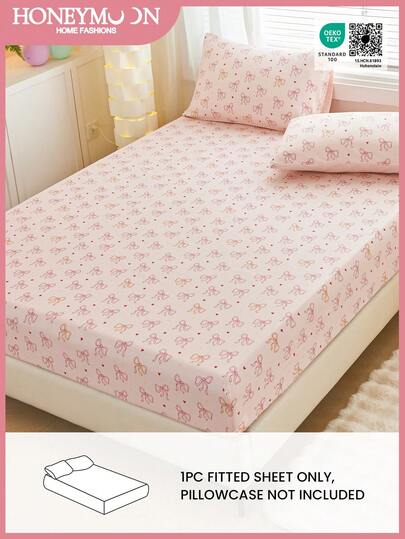 1pc Bowknot Printed Fitted Sheet Only, Easily Fits 9 Inch To 12 Inch Mattress, Soft, Wrinkle Free, Breathable And Comfy, For All Size Bed -Twin, Full, King, Queen Size Sheet..For Home Bedding And School Bedding Dorm Essentials, Oeko-Tex Certified