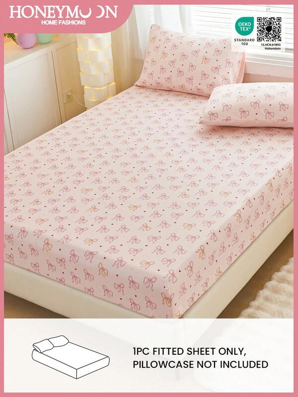 1pc Bowknot Printed Fitted Sheet Only, Easily Fits 9 Inch To 12 Inch Mattress, Soft, Wrinkle Free, Breathable And Comfy, For All Size Bed -Twin, Full, King, Queen Size Sheet..For Home Bedding And School Bedding Dorm Essentials, Oeko-Tex Certified
