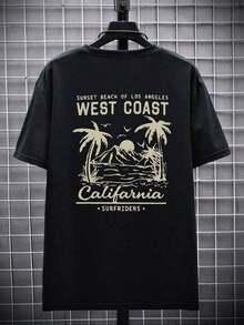 Plus Size Men's Summer Casual Round Neck Short Sleeve T-Shirt With Palm Tree & Mountain Graphic - 黑色 - 查看 2