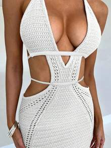 Vestido playero largo de punto calado, cubre con espalda abierta y tirantes cruzados, unicolor, perfecto para vacaciones de primavera/verano/otoño