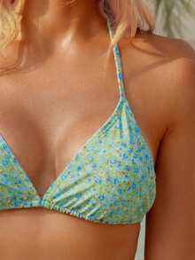 wohenmeili Bộ bikini gợi cảm buộc dây cổ họa tiết hoa nhí mùa hè dành cho nữ - Nền xanh nhạt với hoa xanh - Xem 3