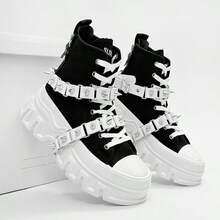 SLnU3 3pcs Men's Fashionable Thick Sole Elevated Motorcycle Boots, Punk Street Preppy Casual Style, Personalized Accessories Decoration, Interchangeable, Metal Eyelets Lace-Up Side Zipper, Simple Design Suitable For Outdoor All Seasons Versatile - Black and White - View 7