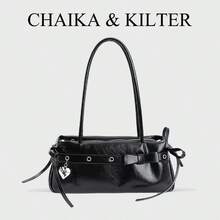 CHAIKA & KILTER 女士纯色PU皮革单肩包，复古时尚法棍包款式，双提手设计，拉链封口，饰有肩带，配有可拆卸可调节肩带，可单肩背或斜挎，适合日常及户外使用。 - 黑色 - 查看 9