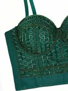 Fashion Beads Tank Top With Bra Boned Crop Top Outerwear - Dark Green - View 2