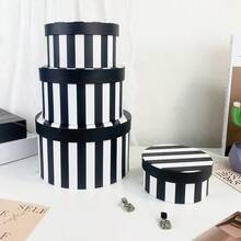 Black & White Striped Round Gift Box Set, Lidded Paper Storage Box, Suitable For Gifts And Home Organization - Black and White Stripes - View 6