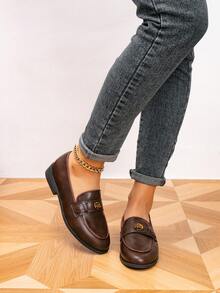 Women's Round Toe Metal Buckle Flat Loafers, Outdoor Retro Women's Flats, Women's Casual Shoes, Brogue Women Shoes