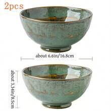 2pcs Handmade Vintage Ceramic Bowls - Thickened Green Gold Glaze Noodle Bowls, Suitable For Tossed Salads, Rice, Fruits - Durable Rustic Style Kitchen Utensils, Ideal For Family Dining And Gatherings, Fruit Bowls | Traditional Tableware | Dotted Green Glaze - Multicolor - View 2