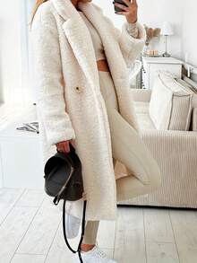 及膝纯色柔软抓绒家居服，带纽扣口袋，秋冬季 - 白色 - 查看 4