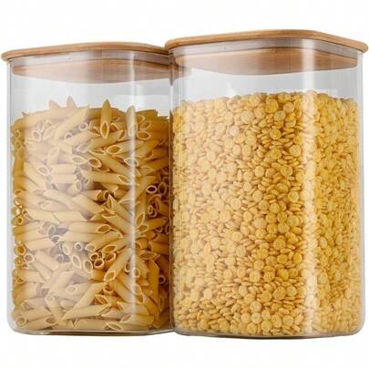 156oz Airtight Glass Square Storage Canister With Bamboo Lid Set Of 2 4600ml2 Large Gallon Glass Jars For Sugar Flour Cookies And Coffee Beans (With Black Lable)