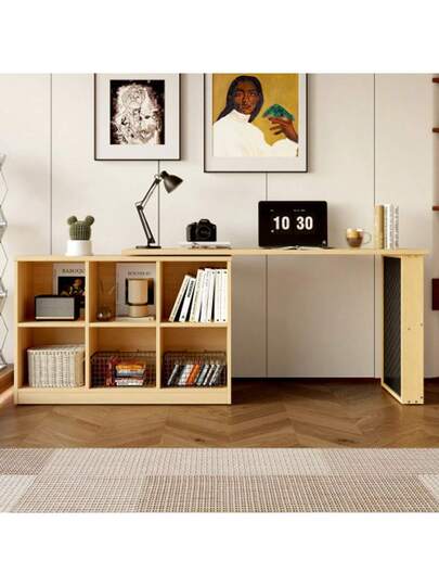 140 104 75cm Multifunctional Office Table, Six Compartment Storage Cabinet Shelf, Wide Thick Desktop, Per ated Board Super Load Bearing, Changeable Shape, Natural view 2