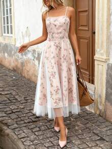 Pink Floral Print Slip Dress, Women's Elegant Mesh Patchwork Mid-Length Dress, Suitable For Dates - Pink - View 11
