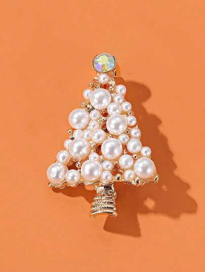 1pc Vintage Minimalist Luxury Christmas Tree Faux Pearl Brooch, Suitable For Women's Daily Wear, Christmas, Winter Jewelry Decoration For Suits And Dresses