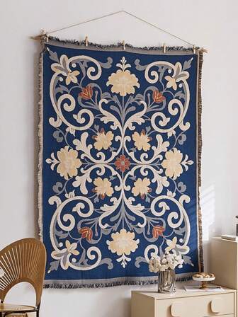 1pc Bohemian Blue Background With Floral Wall Tapestry For Bedroom Double-Sided Cotton Woven Throw Blanket With Tassel 180x130cm - Decorative Wall Art For Home Room, Multi-Function Shawl For Sofa Bed Camping Picnic Mat Tablecloth Carpet