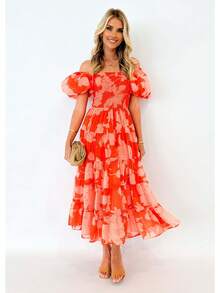 Sommer Europäische und Amerikanische Damenmode Off-Shoulder Chiffon Puffärmel Geschichtetes Bedrucktes Kleid - große orange-rote Blüte - Übersicht 7