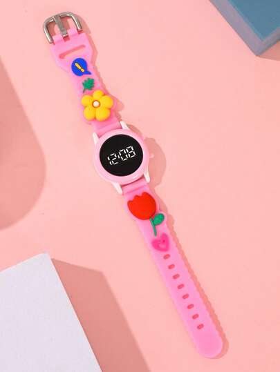 1 reloj de niña con flores de rosa, corazones, elementos de dopamina, forma redonda, correa digital y pantalla LED. Es un reloj escolar asequible para la temporada de regreso a clases, adecuado para estudiantes. También es un reloj electrónico adecuado para la vida diaria, ir a la escuela, fiestas, viajes y como regalo de cumpleaños para amigos. Es el regalo perfecto para una niña.