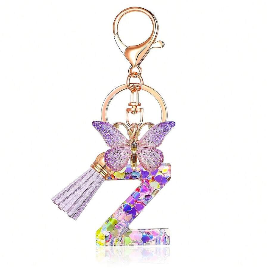 JINGUAZI Initial Letter Keychains For Women Tassel Butterfly Pink Purple Cute Car Keychain For Wallet Backpack Bag Charm{Inchcolor_nameinch:InchZ-Purpleinch} - Z-紫色 - 查看 1