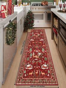 1 Pc Christmas Tree And Santa & Reindeer Beige Carpet, Non-Skid And Washable, Very Suitable For Living Room, Bedroom, Hallway, Indoor And Outdoor Use, Easy Home Christmas Decoration And Room Decoration