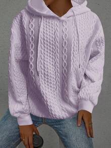 大码女式休闲宽松纯色提花针织长袖连帽运动衫