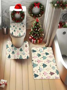 1/4 Piezas Juego de cortina de baño minimalista de árbol de Navidad y copos de nieve de invierno en color verde, de poliéster impermeable y lavable a máquina, adecuado para decorar el baño o la ducha en Navidad, incluye 12 ganchos, alfombra antideslizante y tapa de inodoro con forma de U
