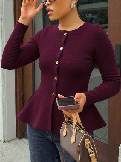 Cárdigan de punto de cuello redondo de unicolor para mujer, de manga larga, para otoño e invierno. El bajo con volantes le da un toque de elegancia y estilo. Este sofisticado y elegante suéter es perfecto para sesiones de fotos, uso diario o simplemente para dar un paseo.