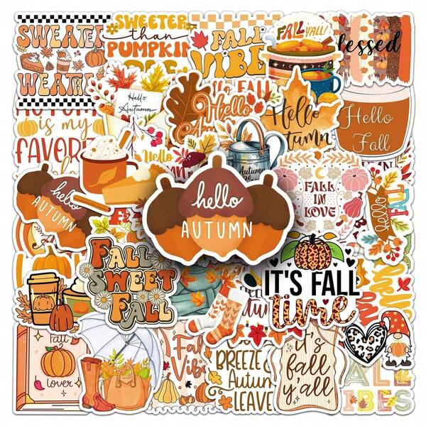 50Pcs Autumn Season HAPPY FALLAutumn English Ins Aesthetic Stickers Gifts Humorous And Funny Stickers 90s Toys Stickers For Scrapbook Supplies Envelope, Water Bottle, Computer, Laptop, Phone, Luggage, Notebook, Fridge,Festival Party,Christmas Decoration
