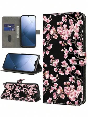 GLANDOTU Funda de teléfono con tapa estilo flor de cerezo con fondo negro, con cordón y soporte para tarjetas, protección contra golpes en cuero PU con estilo floral fresco, compatible con múltiples marcas y modelos de teléfonos móviles