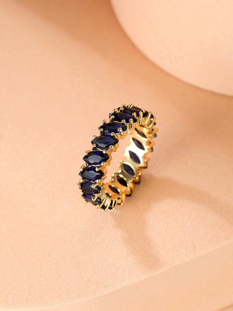 1枚设计师款小众蓝宝石马眼形切割锆石镀金女士戒指，百搭派对首饰，节日礼物 - 寶藍色 - 查看 1