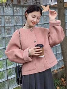 [Y6Y] 女士常规袖羊毛外套，纽扣前襟，带口袋，圆领，长袖，常规长度，适合圣诞节穿着