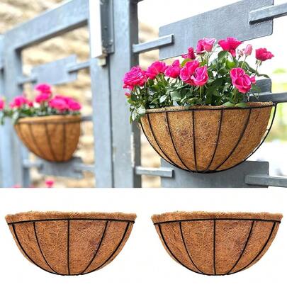 Wall Planters For Outdoor Plants (2 Pack, 14 Inch) Large Hanging Planter With Coco Liner, Metal Round Wire Flowe...