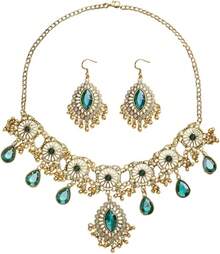 Retro Hollow Out Jewellery Set Traditional Bridal Choker Necklace Earring Women Bollywood Statement Boho Exaggerated Antique Oxidized Beads Tassel Classic Wedding Party - 綠色 - 查看 1