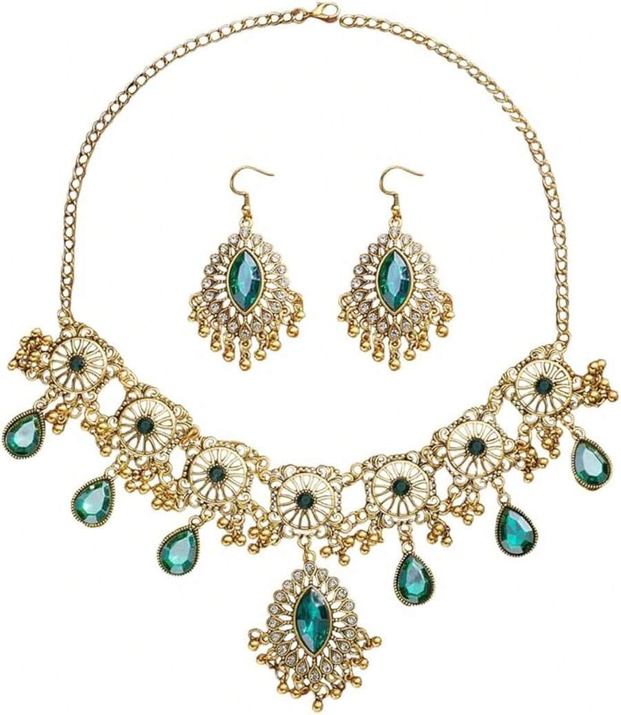 Retro Hollow Out Jewellery Set Traditional Bridal Choker Necklace Earring Women Bollywood Statement Boho Exaggerated Antique Oxidized Beads Tassel Classic Wedding Party - 綠色 - 查看 1