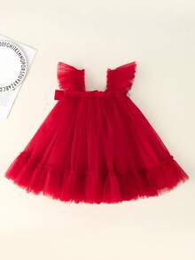 Vestido elegante de fiesta para niñas bebé en color borgoña con adorno floral 3D, caja de regalo de Papá Noel y árbol de Navidad, apropiado para el primer cumpleaños, banquetes, galas, Acción de Gracias y reuniones familiares - Burdeos - Ver 3