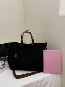 女士多口袋手提包，简约时尚单肩斜挎包，轻便可折叠购物袋，适合购物、旅行、办公 - 黑色 - 查看 7