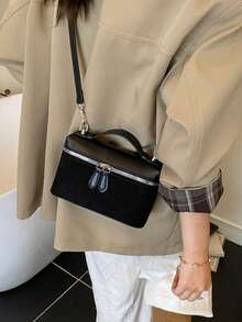 Dedoo 1 chiếc túi đeo chéo vuông bằng da PU màu trơn vân vải, ví nhỏ dành cho nữ, phù hợp để phối đồ hàng ngày, túi xách nữ màu vàng kem thời trang. - màu đen - Xem 5