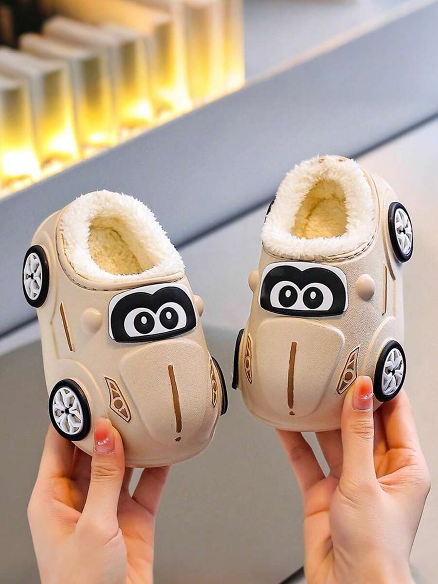 新款秋季可爱汽车卡通男女童毛绒拖鞋，居家保暖 - 黑色 - 查看 1