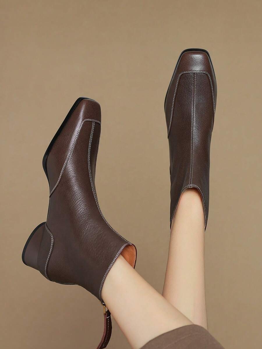 法式复古软皮方头修身短靴，女士踝靴，后拉链设计，中跟，百搭，秋冬款 - 棕色 - 查看 1