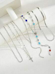 5 件复古金属十字架吊坠 Y 型项链，波西米亚风格彩色水晶吊坠项链套装，适合女性日常、度假、派对、约会、送给朋友的节日礼物 - 銀色 - 查看 5