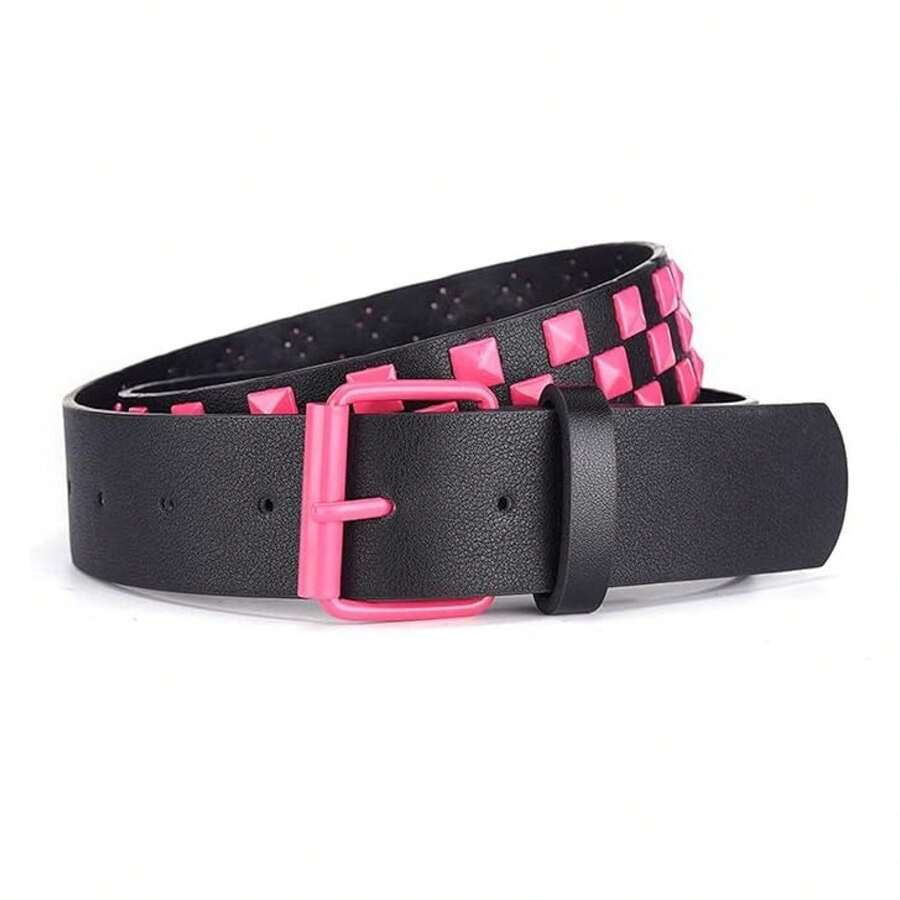 Women's Studded Belt - Gothic Punk RockLeather Belts For Women - Spiked Checkerboard Belts - Casual Fashion Accessories - Black, Sizes XS-L - 多色199 - 查看 1
