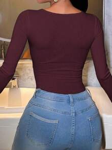 Vaiaye Women's Sexy Y2K Fitted Black Bodysuit, V-Neck Long Sleeve Spring/Summer Romper, Suitable For Valentine's Day - Purple - View 6