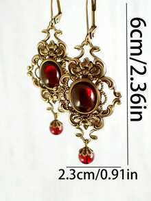 2 chiếc khuyên tai hình hoa rỗng cổ điển đính hạt kim cương màu đỏ, khuyên tai mặt dây chuyền tông màu đồng kim loại, thích hợp cho các buổi đi chơi, tiệc tùng, tụ họp, biểu diễn - Đồng - Xem 4