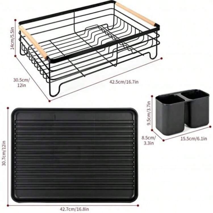⭐ PREMIUM 2-TIER DISH RACK – RUST-RESISTANT METAL WITH WOODEN HANDLES ⭐ This Premium 2-Tier Dish Rack Features A Modern, Compact Design, Crafted From Rust-Resistant Metal With Elegant Wooden Handles. Available In Black, White, And Gray, It Offers Ample Storage For Plates, Bowls, Glasses, And Utensils. Ideal For Keeping Your Countertop Organized, It Includes A Removable Drip Tray, Double Utensil Holder, And A Non-Slip Base. This Dish Rack Combines Durability, Functionality, And Aesthetic Appeal. Use It As A Dish Drainer, Kitchen Organizer, Or Dish Rack To Keep Your Sink Area Clean And Clutter-Free. - 黑色 - 查看 9