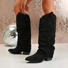 复古方跟过膝长靴，适合娇小女性，休闲百搭，不易疲劳，V型开口，时尚西部风格，可搭配裙装，2025冬季新款 - 黑色 - 查看 12