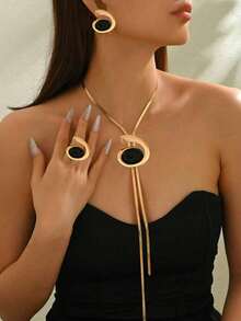 4pcs/Set Summer New Creative Long Tassel Y-Shape Floral Fashion Minimalist Elegant Versatile Necklace & Earrings Set - Golden Comma - View 2