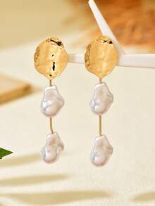 1 Pair Fashionable Elegant Gold Hammered Disc & Faux Pearl Dangle Earrings For Women, Suitable For Daily Wear, Dates, Parties And Gatherings, New Jewelry Accessory - Multicolor - View 3