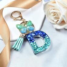 JINGUAZI Initial Letter Keychains For Women Tassel Butterfly Pink Purple Cute Car Keychain For Wallet Backpack Bag Charm{Inchcolor_nameinch:InchD-BlueGreeninch} - D-biruHijau - View 4